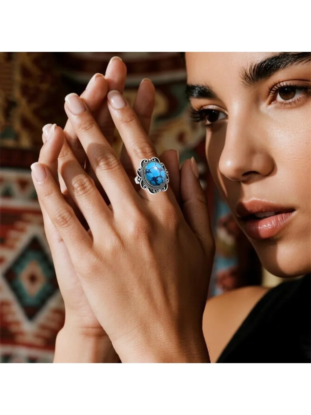 Bohemian Chunky Ring with Natural Stone, Vintage 925 Sterling Silver, Oval